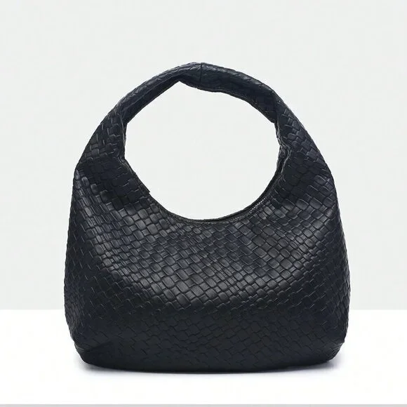 Black Casual Women's Leisure Faux Woven Leather Shoulder Bag - Picture 2 of 6